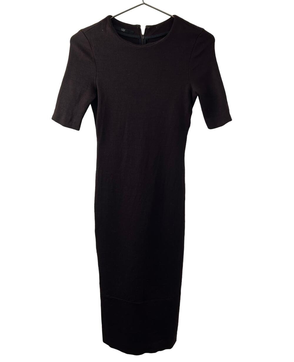 Tibi New York Brown Pencil Dress Stretch Back Zip Knit Round Neck Classic Fit